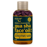 Ouiloe Gua Sha Oil bottle shown for fragrance-free hydration and smooth lymphatic massage.