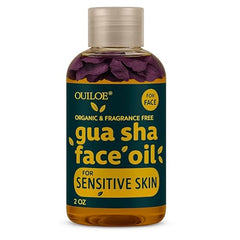 Ouiloe Gua Sha Oil bottle shown for fragrance-free hydration and smooth lymphatic massage.