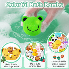 OuMuaMua bath bombs with surprise toys inside reveal collectible figures.