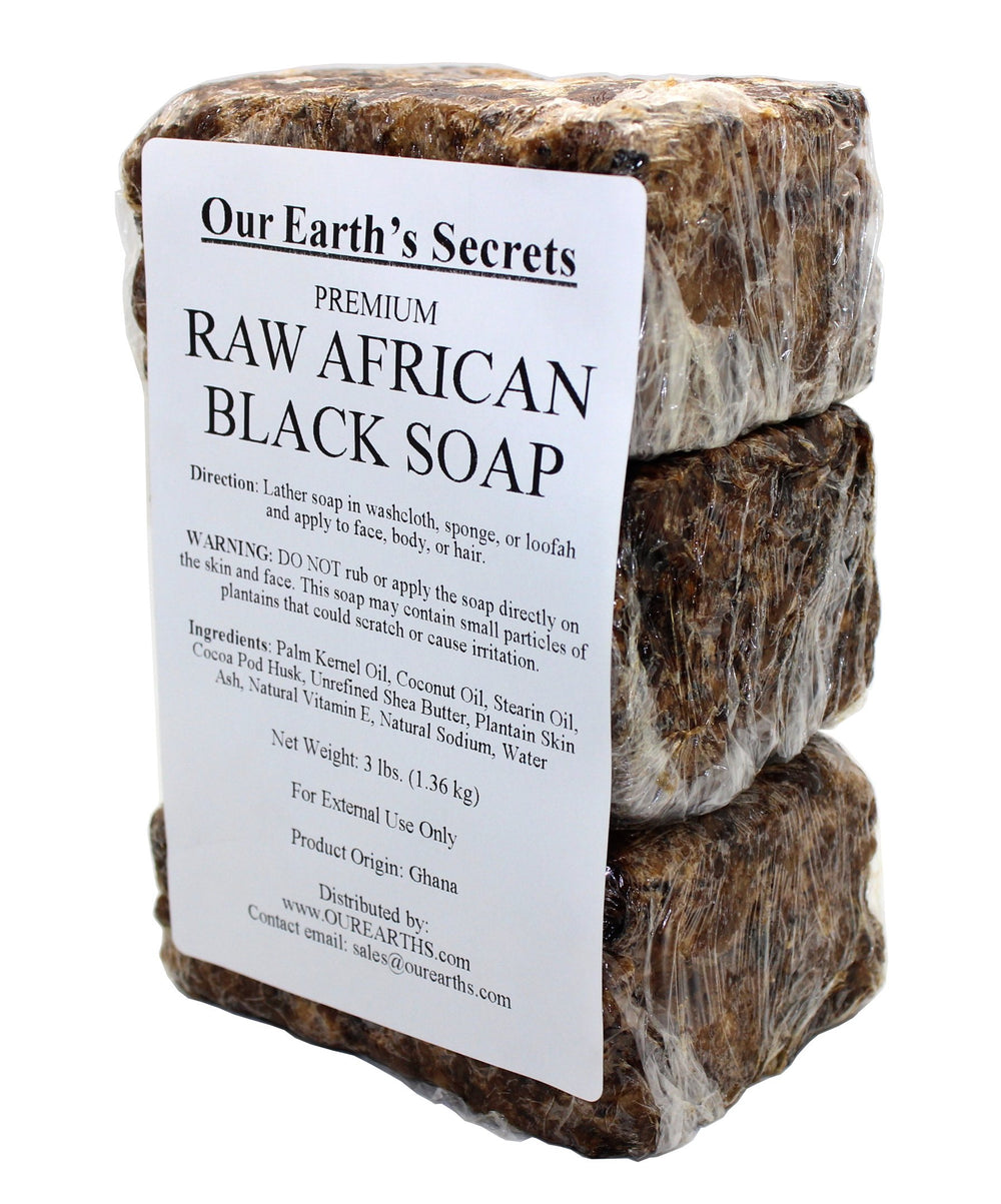 Our Earth's Secrets premium raw African black soap front view offering natural cleansing for daily use.