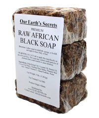 Our Earth's Secrets premium raw African black soap front view offering natural cleansing for daily use.
