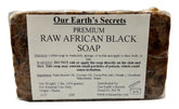 Our Earth's Secrets Raw African Black Soap bar—versatile cleansing for face, body and hair.