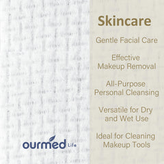 Ourmed Life disposable towels texture close-up shows soft, lint-free wipes for makeup removal.