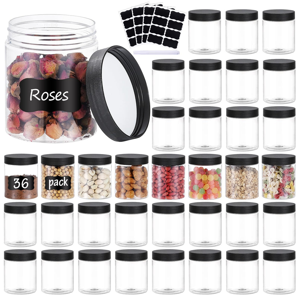 OUSHINAN 36pcs 8oz plastic jars set with screw on lids for organized storage.