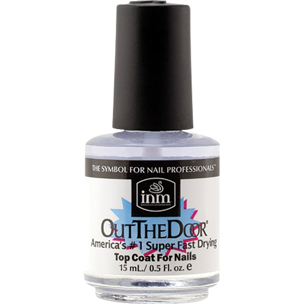 Out The Door Fast Dry Topcoat bottle closeup showing quick-dry and high-gloss finish.