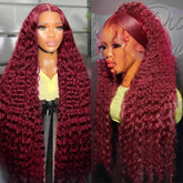 OUX Burgundy wig 280 density deep wave lace front for natural daily fullness
