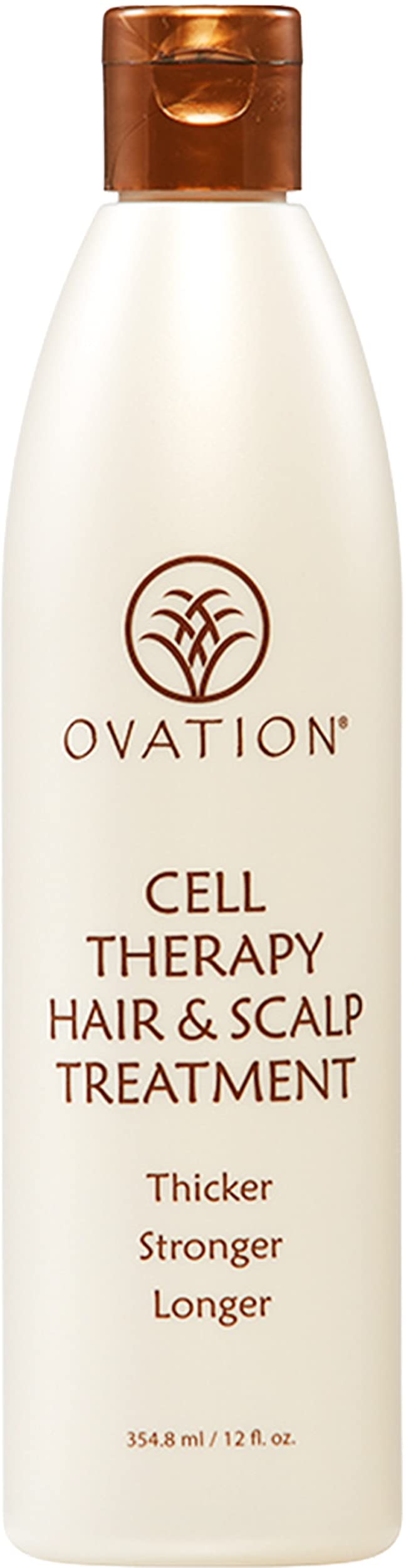 Ovation Hair Cell Therapy bottle closeup highlights a keratin rich formula for stronger hair.