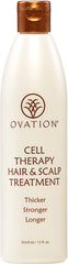 Ovation Hair Cell Therapy bottle closeup highlights a keratin rich formula for stronger hair.
