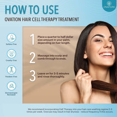 Ovation Hair Cell Therapy ingredients display highlights keratin, biotin, and plant actives.
