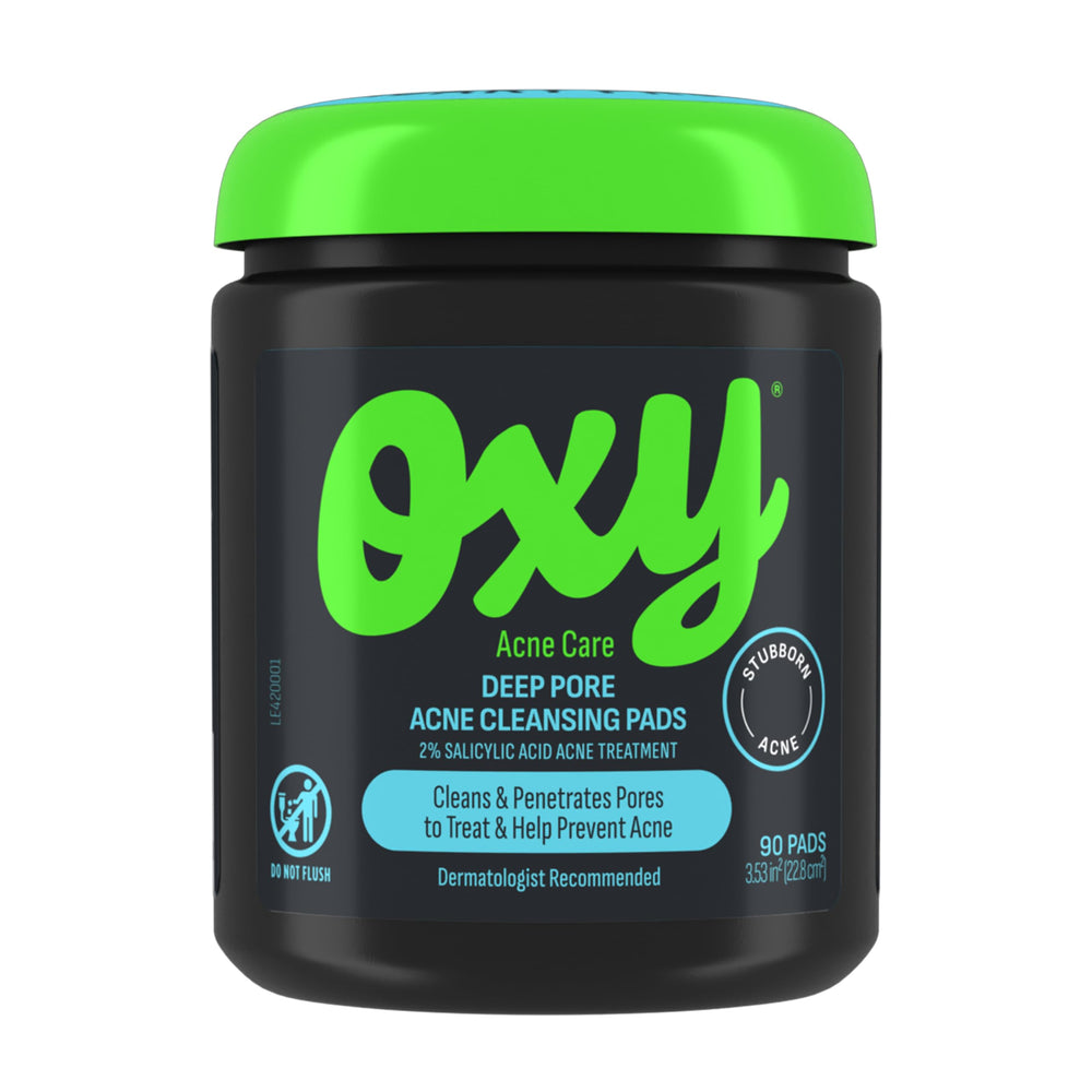 Oxy Deep Pore Cleansing Pads packaging front highlights 90 pads for on-the-go acne care.