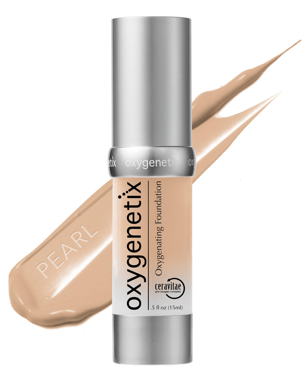 Oxygenetix Oxygenating Foundation Pearl bottle close-up with premium packaging and shade clarity.