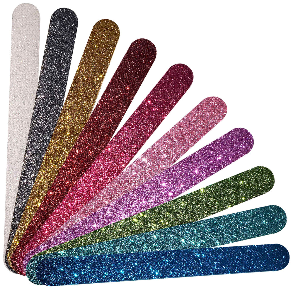 P2P Nails Glitter Colorful Nail File Strips packaging shows durable, washable buffers for at-home manicures.