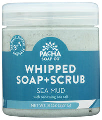 Pacha Soap Co Sea Mud Whipped Scrub jar showing creamy exfoliation texture for smooth skin.