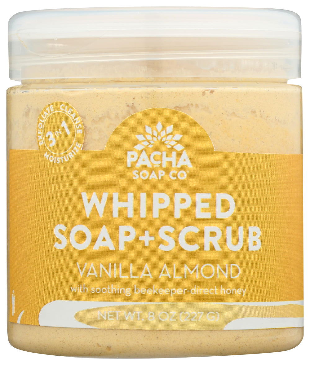 Pacha Soap Co Vanilla Almond Whipped Soap Scrub bottle showcases a compact, travel-friendly cleanser.