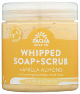 Pacha Soap Co Vanilla Almond Whipped Soap Scrub bottle showcases a compact, travel-friendly cleanser.