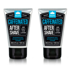 Pacific Shaving Company caffeinated aftershave bottle shows cooling aloe and spearmint.