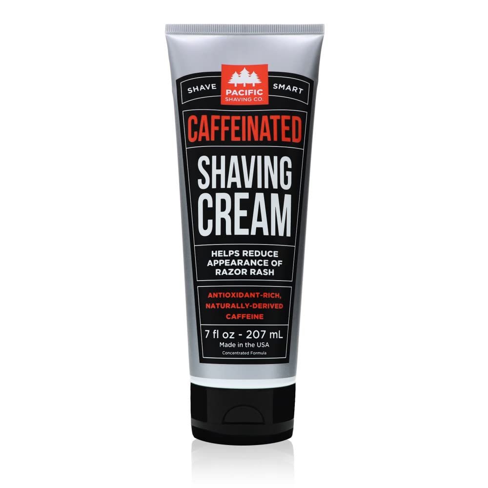 Pacific Shaving Company caffeinated shaving cream bottle provides a hydrating shave with caffeine boost.