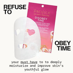 Pacifica Disobey Time Mask applied on face illustrates a quick 15-minute pampering session.