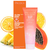 Pacifica Glow Baby Scrub bottle close-up showing vegan formula for radiant skin