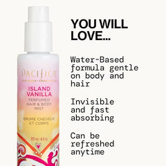 Pacifica Island Vanilla body spray bottle for all-day subtle vanilla glow.