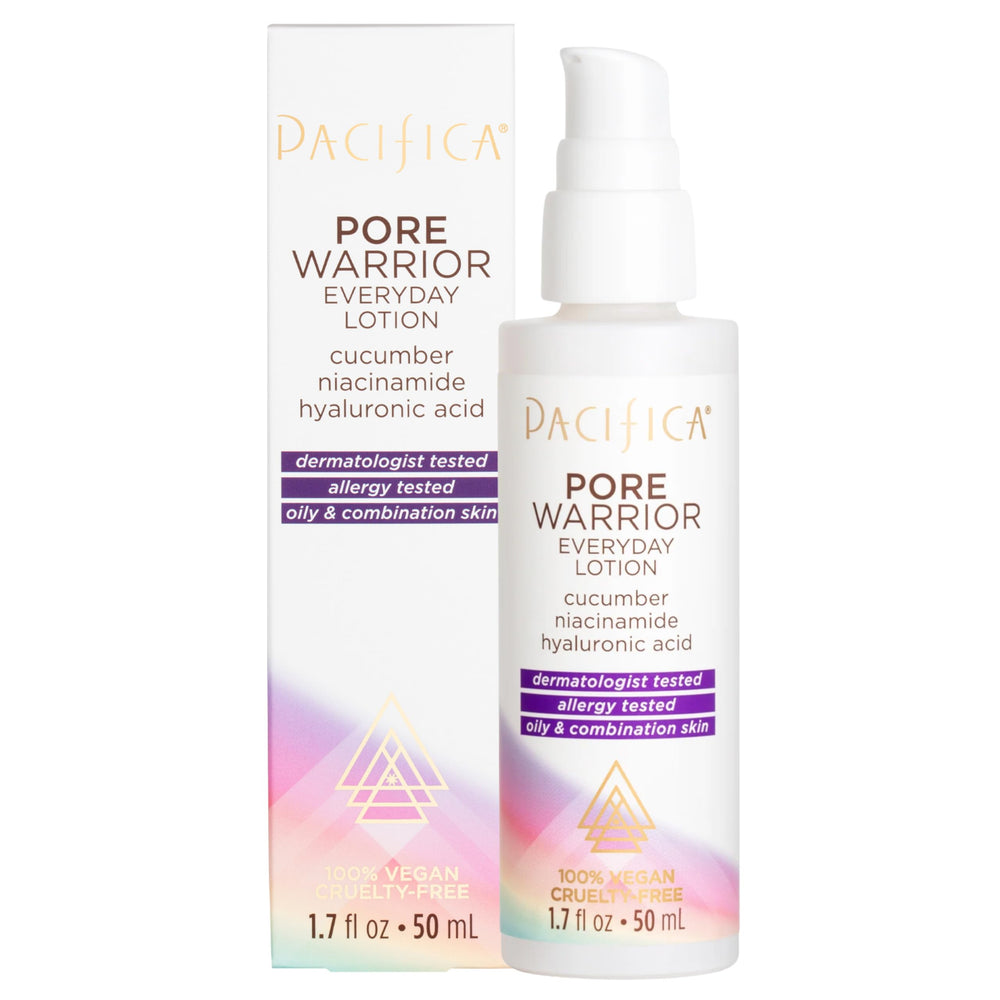 Pacifica Pore Warrior bottle with pump showing lightweight moisturizer for oily skin