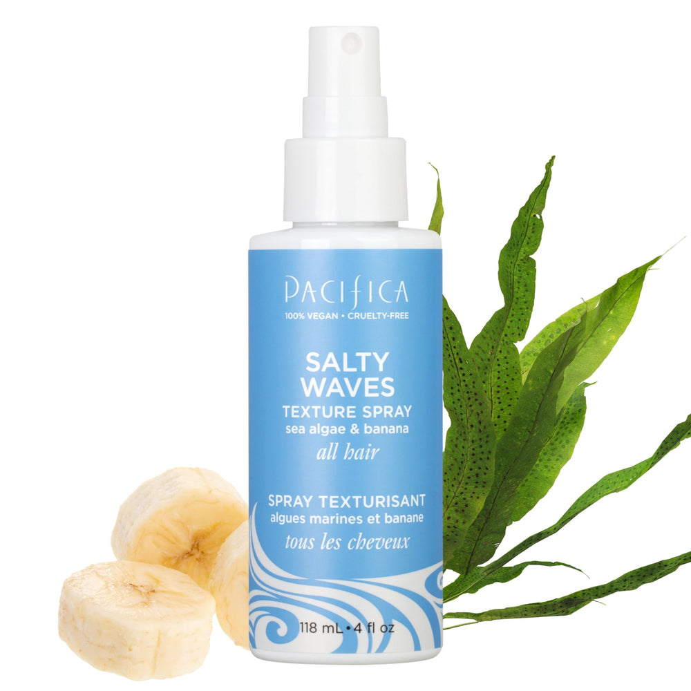 Pacifica Salty Waves bottle closeup showing texture-sea-salt spray for beach-ready hair.