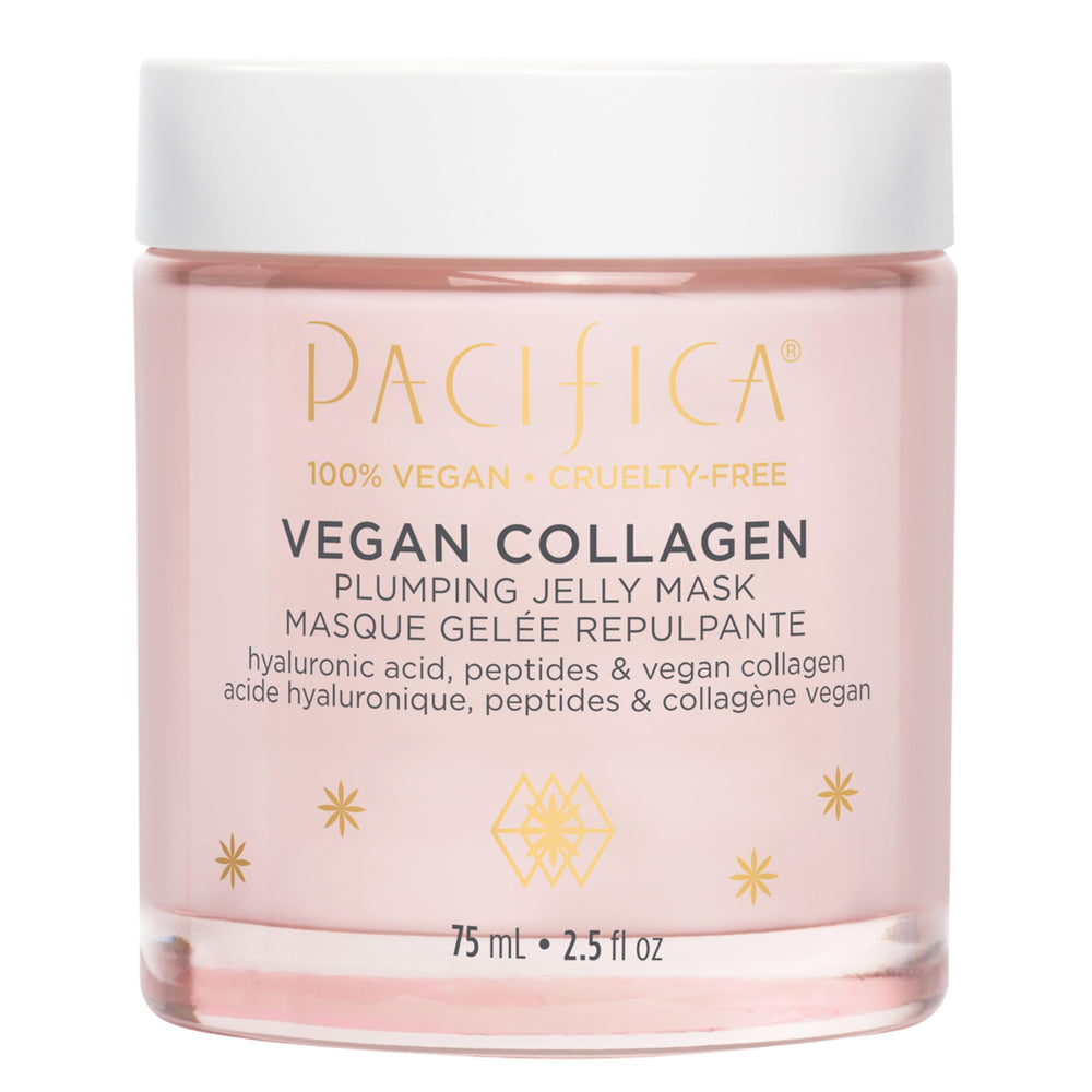 Pacifica Vegan Collagen Plumping Jelly Mask jar close-up showing moisture-rich texture.
