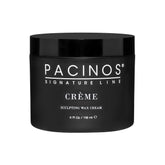 Pacinos Creme Hair Sculpting Wax Cream bottle demonstrates all-day hold for defined, natural-looking style