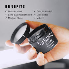 Pacinos Creme Wax Cream dispenser action highlights easy application for quick styling
