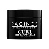 Pacinos Curl Hydrating Cream bottle closeup demonstrates moisture-rich hydration for defined, touchable curls.