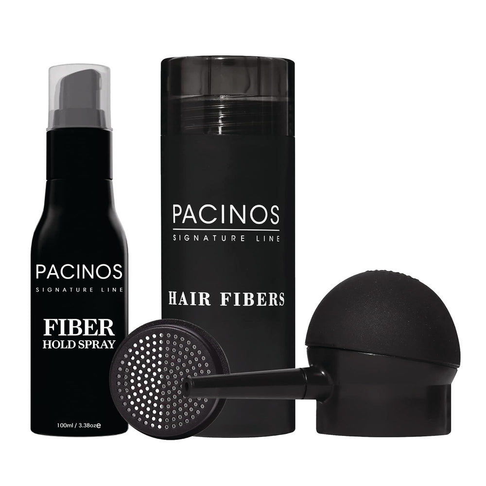 Pacinos Hair Fiber Kit coverage closeup showing instant thinning concealment