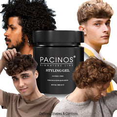 Pacinos Hair Gel application swatch on dry hair illustrates easy-to-apply styling.