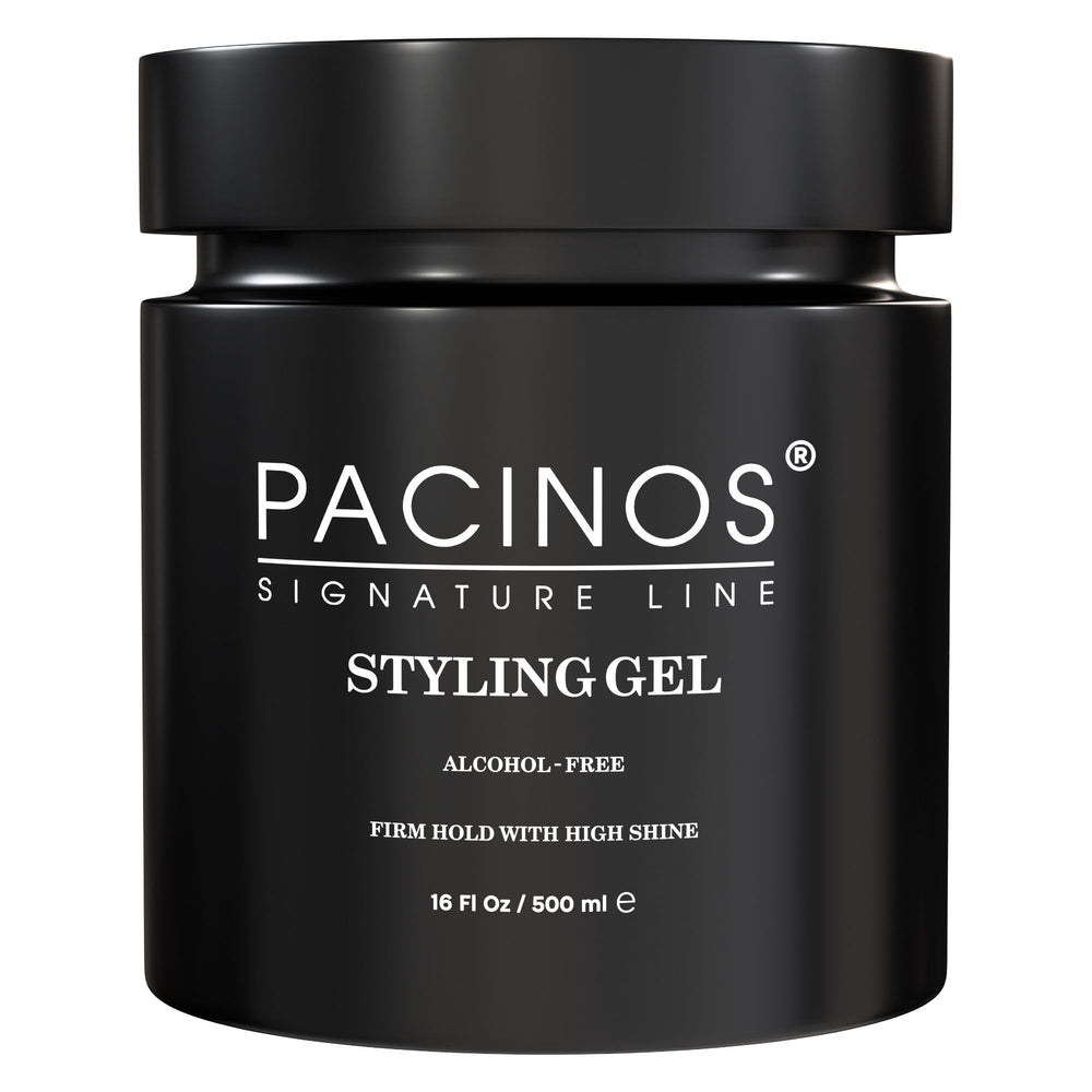 Pacinos Hair Gel bottle front view shows all-day firm hold potential.