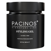 Pacinos Hair Gel bottle front view shows all-day firm hold potential.