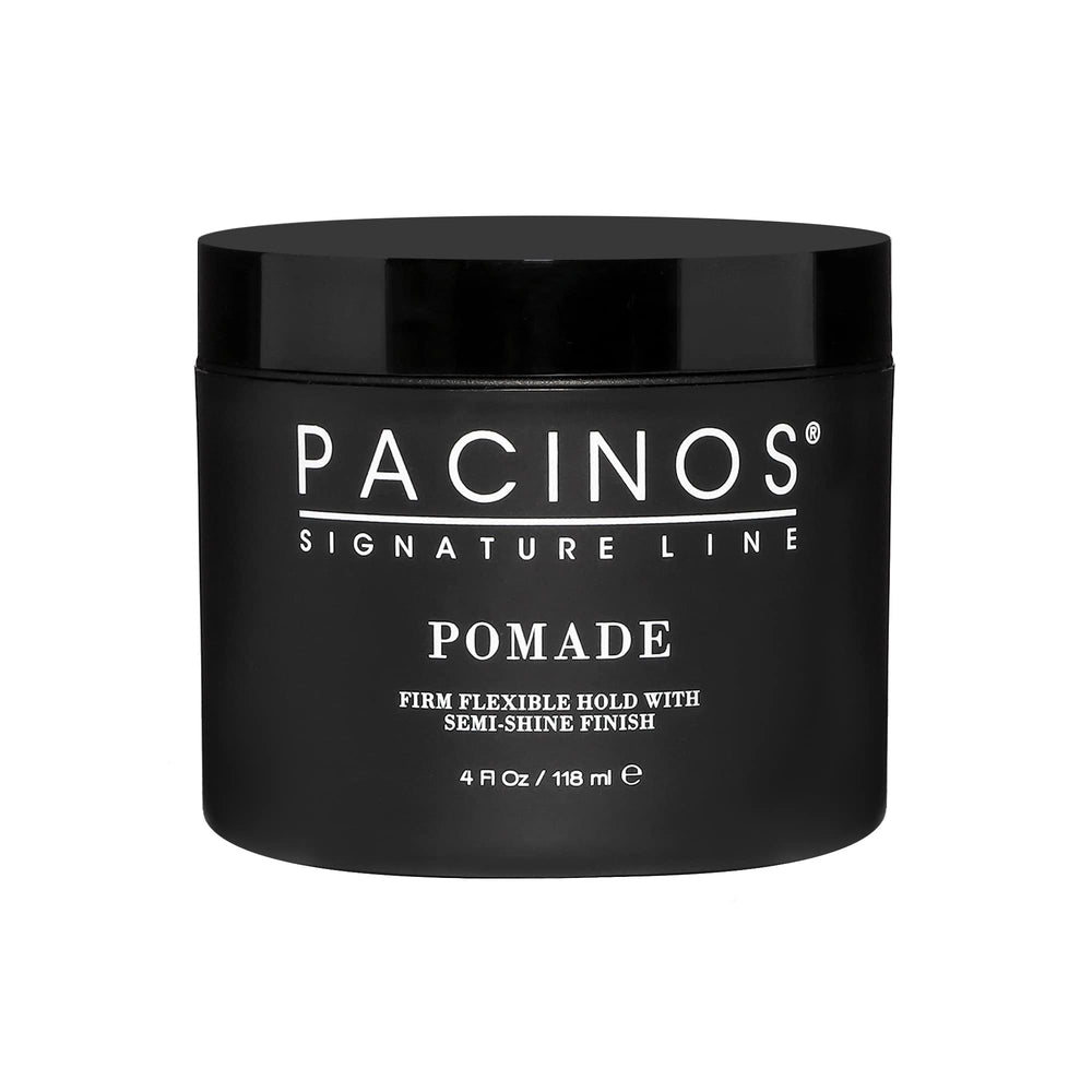 Pacinos Pomade bottle front shows high shine and flexible hold for all hair types.