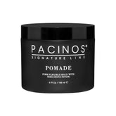 Pacinos Pomade bottle front shows high shine and flexible hold for all hair types.