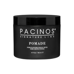 Pacinos Pomade bottle front shows high shine and flexible hold for all hair types.
