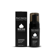 Pacinos Signature Line Curl Enhancing Mousse packaging close-up showing frizz-free promise
