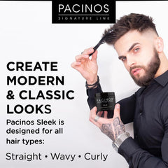 Pacinos SLEEK pomade in action with comb for defined, glossy style