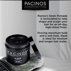 Pacinos SLEEK hands applying pomade for flexible, all-day wet look