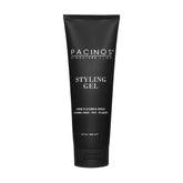 Pacinos Styling Gel packaging showcases a sleek jar for long-lasting styling and easy dispensing.