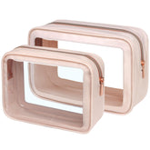 Packism clear makeup bag large pink front view for easy travel organization.