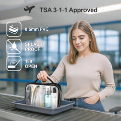 PACKISM clear makeup bag medium with bottles demonstrates TSA-friendly size.