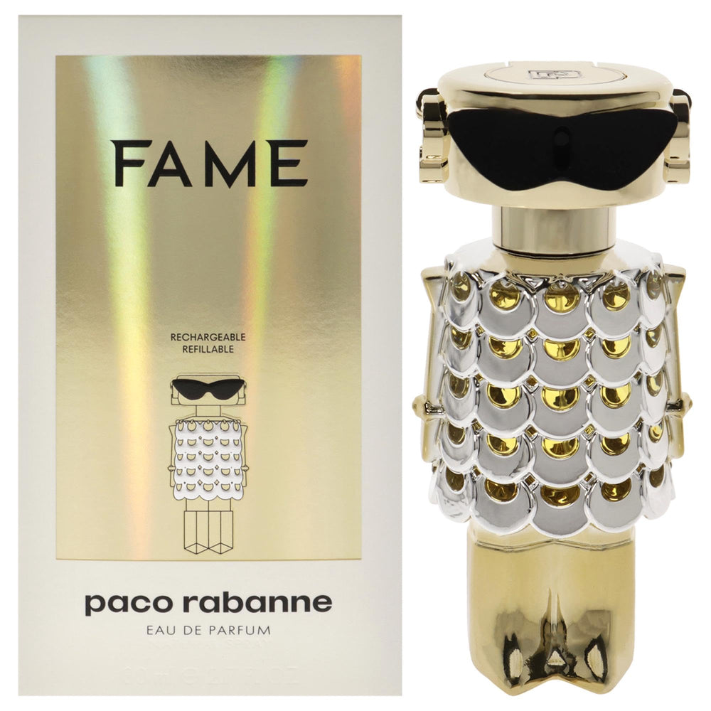Paco Rabanne Fame EDP bottle front highlights a bright floral-woody scent for evening wear.