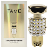 Paco Rabanne Fame EDP bottle front highlights a bright floral-woody scent for evening wear.