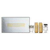Paco Rabanne men's cologne gift set box with four travel-size bottles for travel convenience.