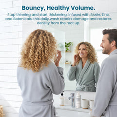Paisle Botanics Biotin Thickening Shampoo close-up emphasizes plant-based botanicals and hydrolyzed rice protein.