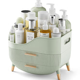 Pajiriona makeup organizer with top compartment keeps tall bottles neatly displayed for quick access.