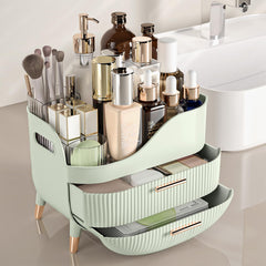 Pajiriona makeup organizer drawers open showing storage capacity for foundations and lipsticks.