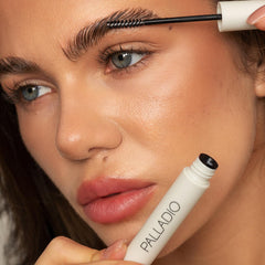 Palladio Brow Laminating Gel close-up shows transparent, flake-free formula for natural-looking finish.